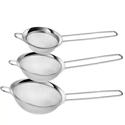 3PC STAINLESS STEEL SIEVES STRAINER SMALL COLANDER AIRING DRAIN KITCHEN MESH SET