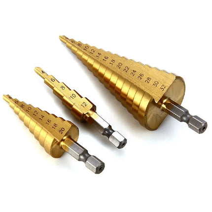 3PCS Large HSS Steel Step Cone Drill Titanium Bit Set +Hole Cutter 4-12/20/32mm