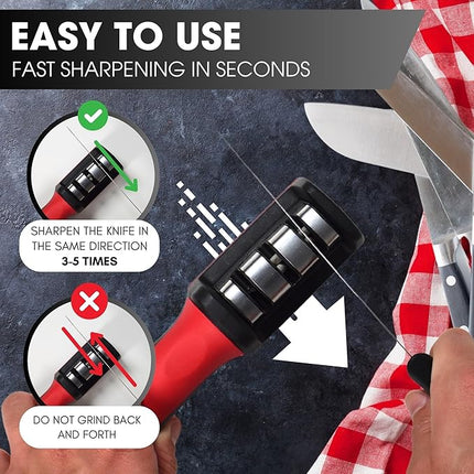 Kitchen Knife Sharpener – 3 Stage Manual Knife Sharpeners for Sharpening Home and Restaurant Knives - Ceramic Stone