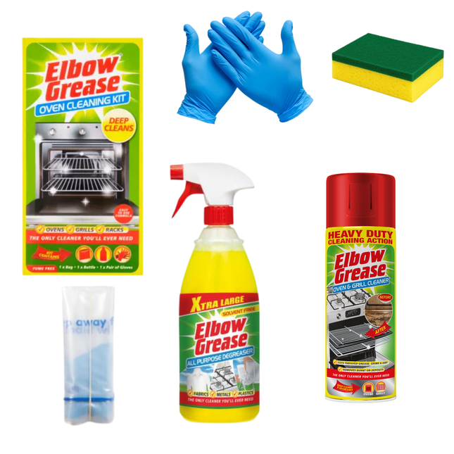 Elbow Grease Oven Cleaner for Domestic Ovens and BBQ - 500 ML Bottle - Bags, Gloves & Hob Scraper - Complete Oven cleaning kit with Elbow Grease All Purpose Degreaser 1L
