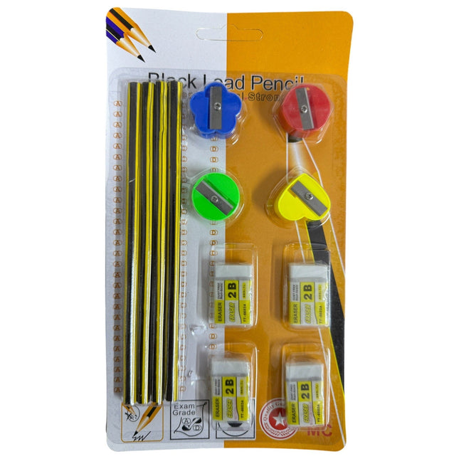12 Pcs Include 4pc Black Pencil, 4pc sharpener, 4pc Eraser