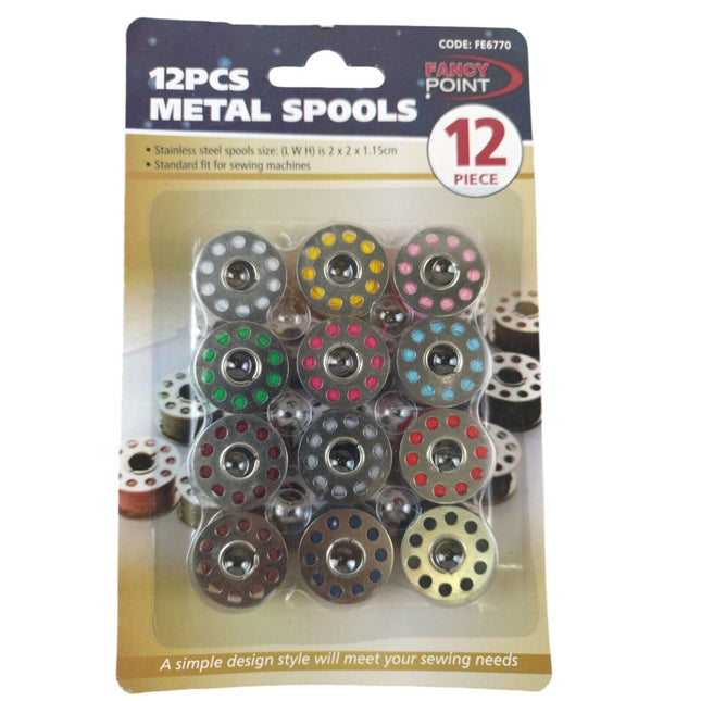 12 X METAL Sewing SPOOLS BOBBINS WITH Coloured THREADs Reels Red Black White
