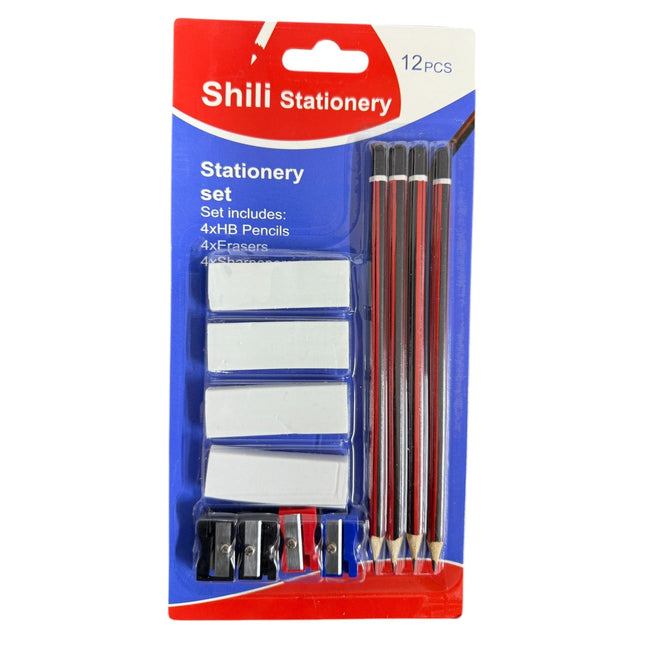 12-piece Set Includes 4xHB Pencils,4xErasers & 4xSharpners