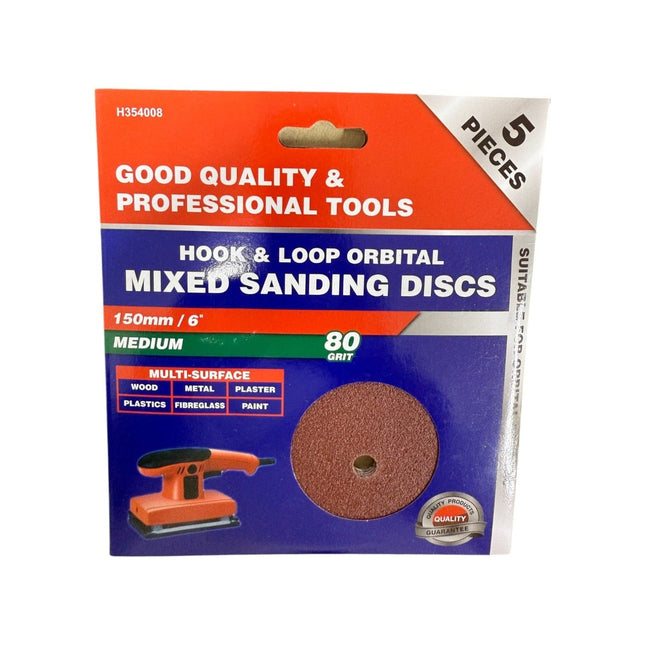 150mm / 6 Dekton 5pc Hook & Loop Orbital Sanding Discs medium 80 grit
