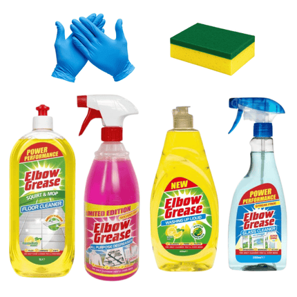 Elbow Grease Complete Home Cleaning Bundle, 4 Cleaning Solutions with Gloves and Sponge, Floor Cleaner, Degreaser, Washing Up Liquid, Glass Cleaner, Multi-Surface Household Kit