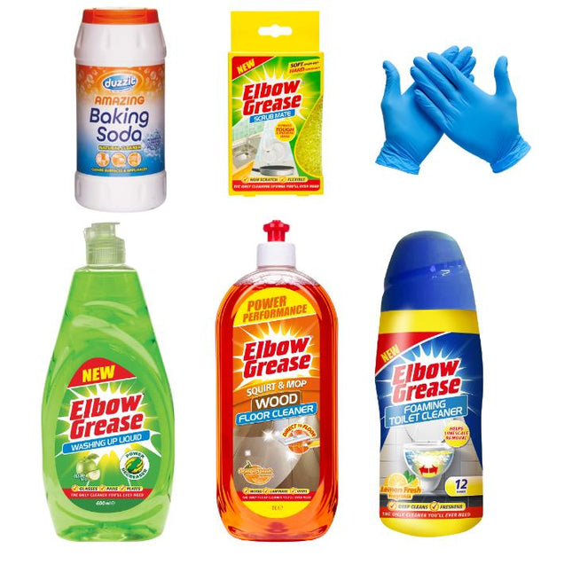 Elbow Cleaning Set, Wood Floor Cleaning, Washing Up Liquid, Foaming Toilet Cleaner, Baking Soda, Scrub Mate, Glove