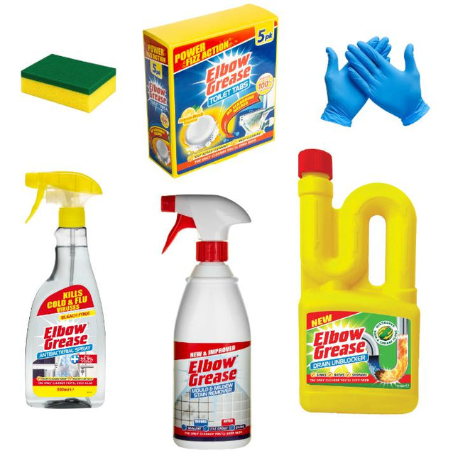 Elbow bathroom cleaning set including: Drain unblocker, Mould & Stain removal, Toilet Tabs, Antibacterial spray, Glove, sponge
