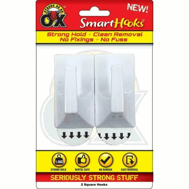 2 Square Hooks Removable No Wall Damage Strong Adhesive Hook 3.5 x 6cm