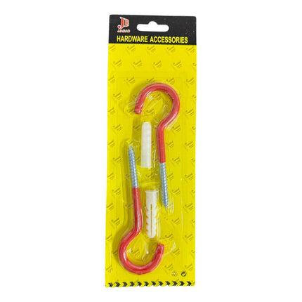 2-piece set of Red Plastic Coated Screw-in Hooks with Wall Plugs
