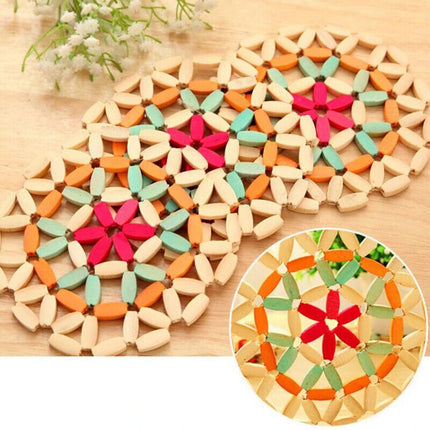 2 x Faux Wooden Beaded Colourful Hot Pad Mat Trivets Round 15cm