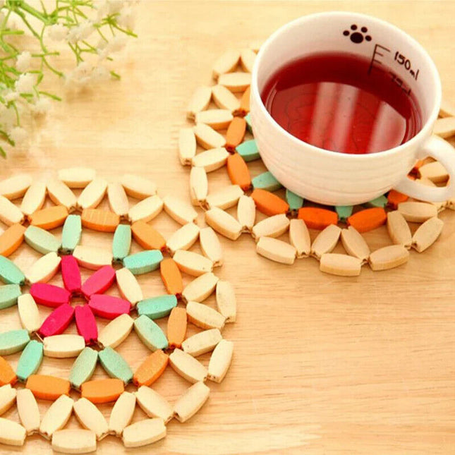 2 x Faux Wooden Beaded Colourful Hot Pad Mat Trivets Round 15cm