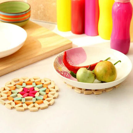 2 x Faux Wooden Beaded Colourful Hot Pad Mat Trivets Round 15cm