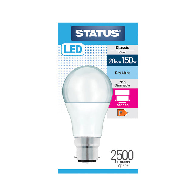 20w = 150w = 2500 Lumens LED A80 GLS B22 PA Pearl Day Light 1 pk Box in White