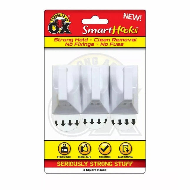 3 Square Hooks Removable No Wall Damage Strong Adhesive Hook 2.5 x 4.5cm