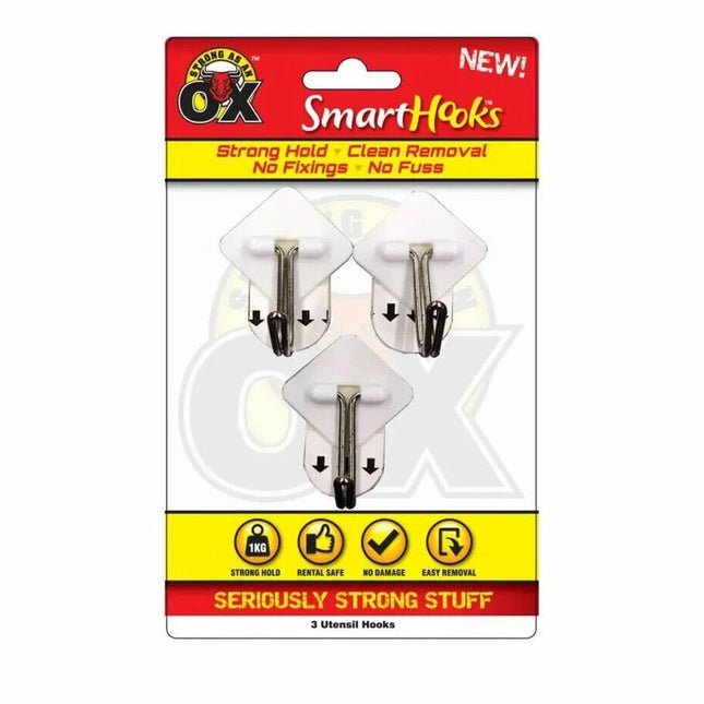 3 Utensil Hooks Removable No Wall Damage Strong Adhesive Hook 3.5 x 4.5cm