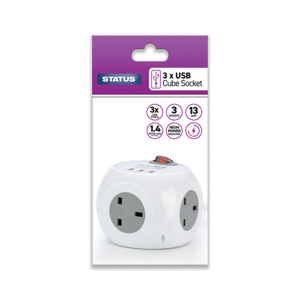 3 Way 1.4 Metre Cube Socket with 3 x USB Ports 1 pk