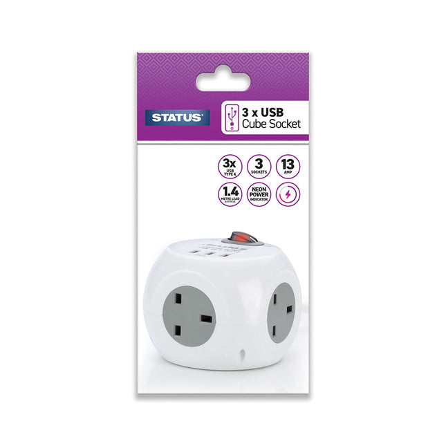 3 Way 1.4 Metre Cube Socket with 3 x USB Ports 1 pk