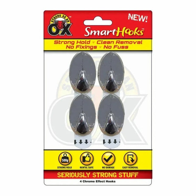 4 Chrome Effect Removable No Wall Damage Strong Adhesive Hooks 2.5 x 3.5cm