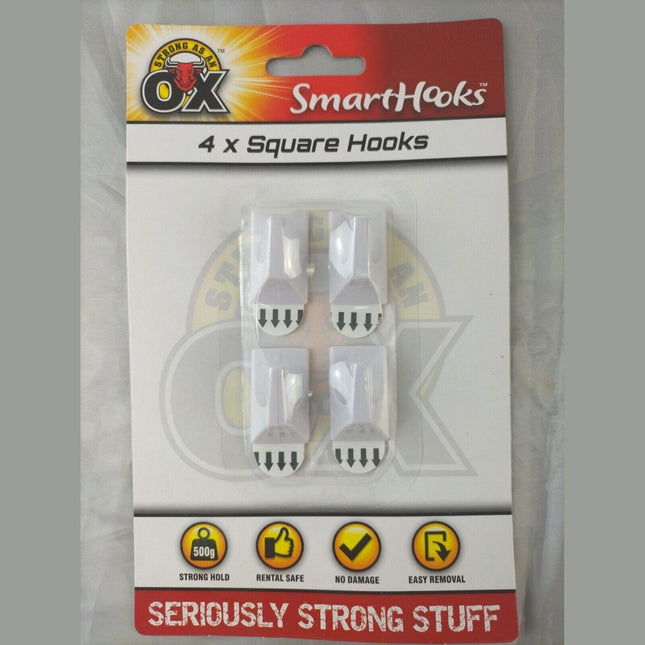 4 Square Hooks Removable No Wall Damage Strong Adhesive Hook 1.5 x 3cm