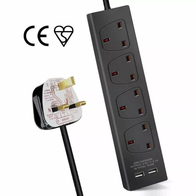 4 Way Gang Sockets 1M Extension Lead with 2 USB Ports Portable Black Black
