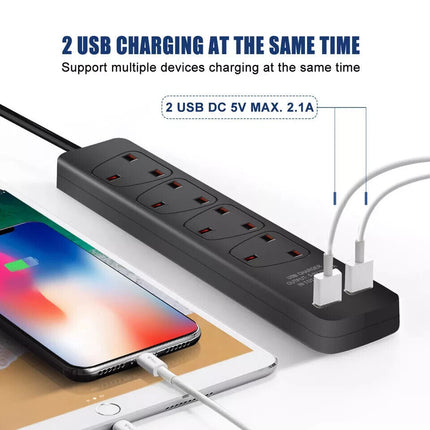 4 Way Gang Sockets 1M Extension Lead with 2 USB Ports Portable Black Black