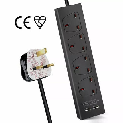 4 Way Gang Sockets 3M Extension Lead with 2 USB Ports Portable Black White