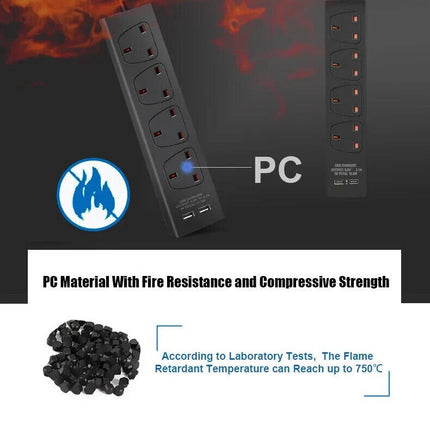 4 Way Gang Sockets 3M Extension Lead with 2 USB Ports Portable Black White