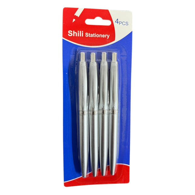 4-pack of silver retractable ballpoint pens a silver-colored metallic-looking body, a patterned grip area
