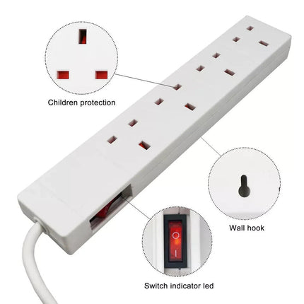 4Way Gang 2m Extension Lead Cable UK Mains Plug Sockets with Switched