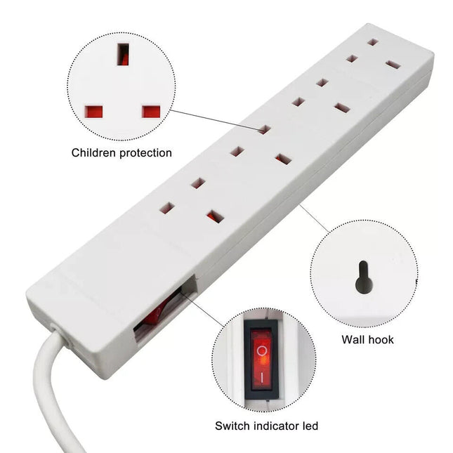 4Way Gang 2m Extension Lead Cable UK Mains Plug Sockets with Switched