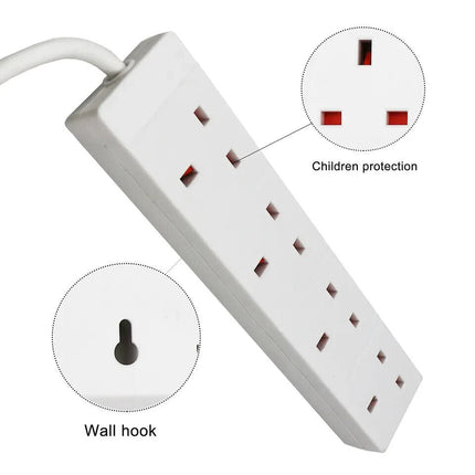 4Way Gang 2m Extension Lead Cable UK Mains Plug Sockets with Switched
