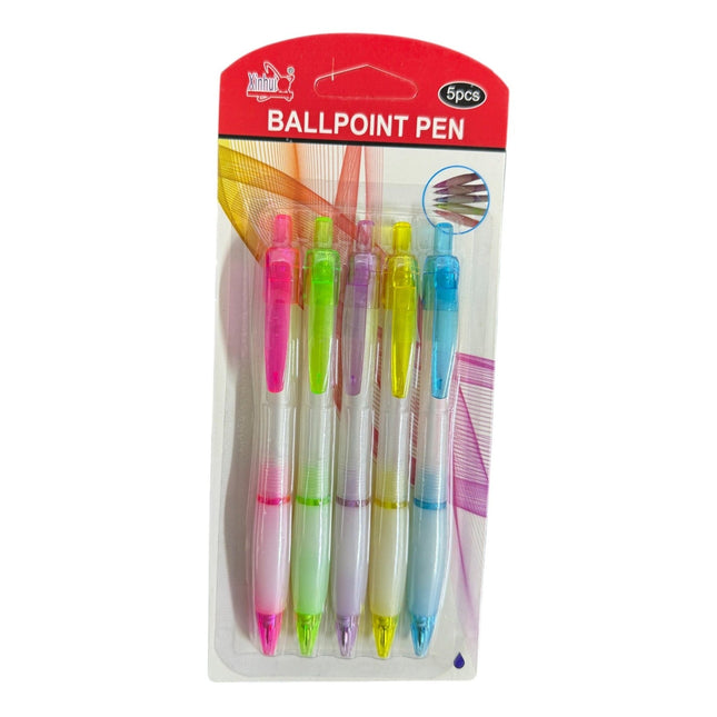 5pcs Ballpoint Pen Set Smooth Writing a Clear Barrel with a Colorful Translucent Grip
