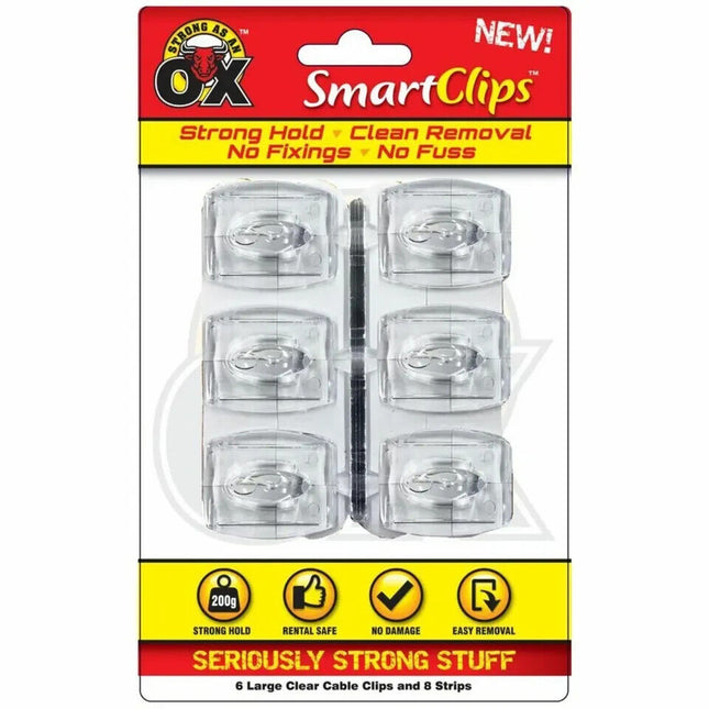 6 Clear Cable Clips Large and 8 Adhesive Strips 2 x 3cm
