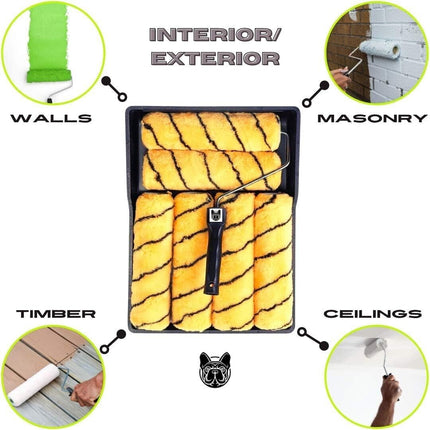 9" PAINT ROLLER SET 7pcs TRAY HANDLES WITH 5 TIGER SLEEVE ROLLERS DIY