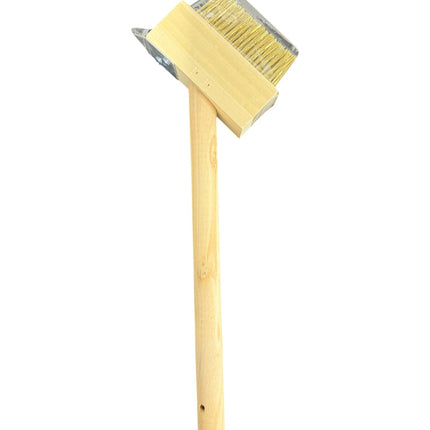 Brass-colored metal brush with a wooden handle