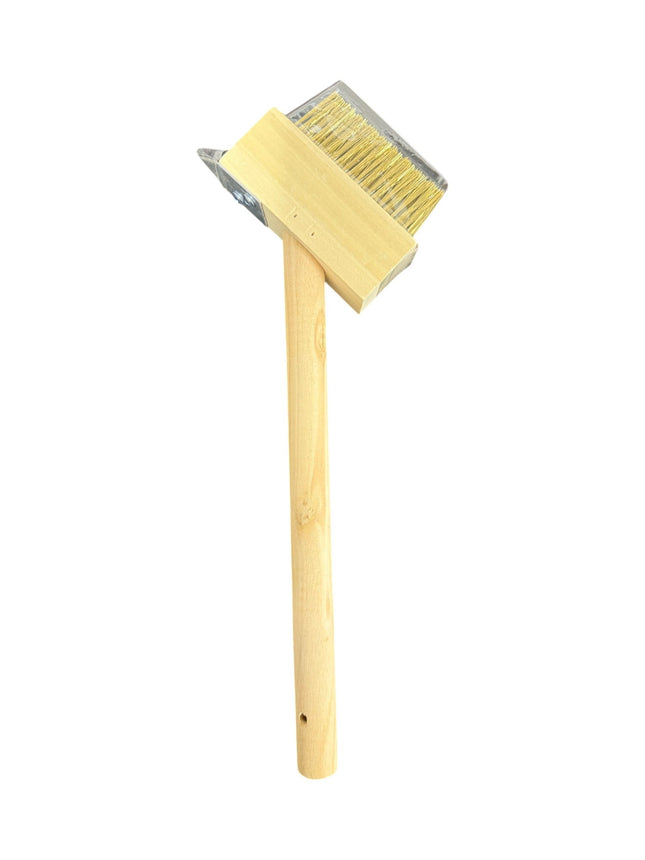 Brass-colored metal brush with a wooden handle