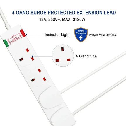 EXTRASATR 4 GANG SURGE PROTECTED MULTI PLUG EXTENSION 5M LEAD UK Plug