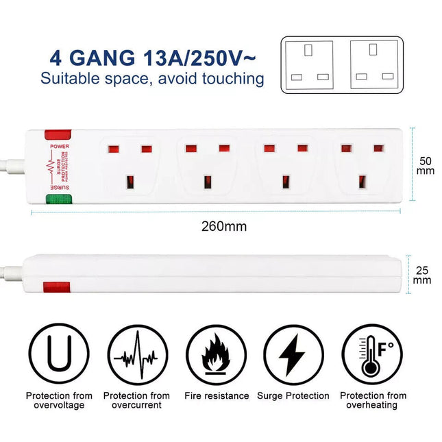 EXTRASATR 4 GANG SURGE PROTECTED MULTI PLUG EXTENSION 5M LEAD UK Plug