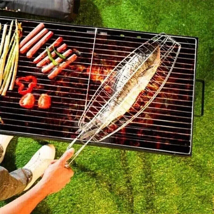 Fish Grill Basket Rack Large BBQ Meat Folding Stand Long Wood Handle 62cm x 15cm