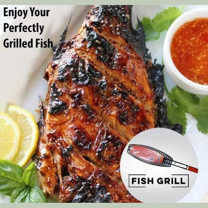 Fish Grill Basket Rack Large BBQ Meat Folding Stand Long Wood Handle 62cm x 15cm