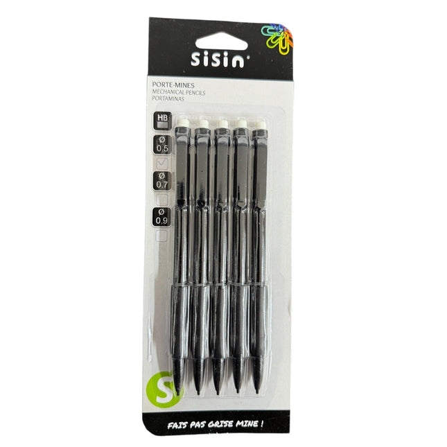 Five black-colored mechanical pencils with white erasers at the top pencil lead sizes as HB, 0.5 mm, 0.7 mm, and 0.9 mm