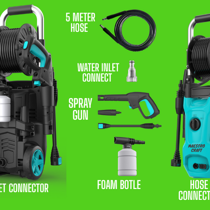 Maestro Craft High Pressure Washer Max 160Bar with Reel Whell 5-Meter Hose & Safety System for Garden & Vehicle Cleaning