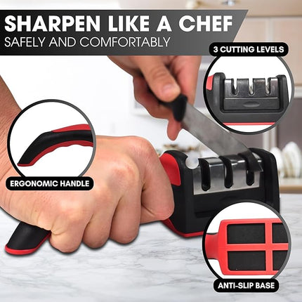 Kitchen Knife Sharpener – 3 Stage Manual Knife Sharpeners for Sharpening Home and Restaurant Knives - Ceramic Stone