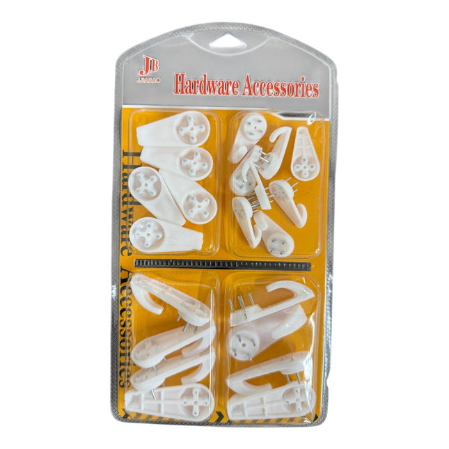 Multi-piece set of white plastic hooks
