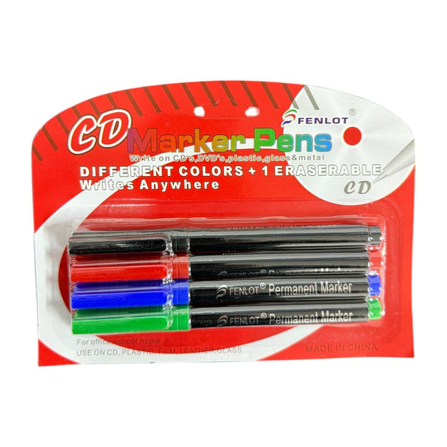 Pack of 4 Marker Pens Different colors eraserable writes anywhere Write on CD's, DVD, Plastic, Glass & Metal