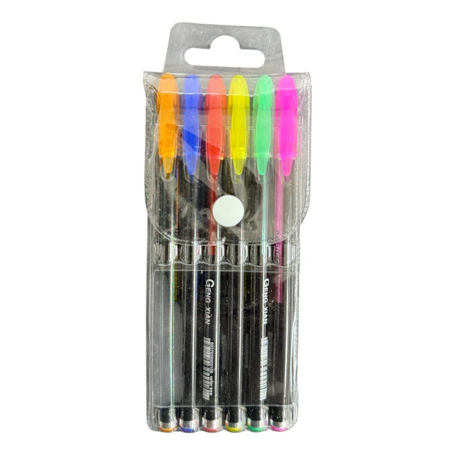 Pack of 6 Neon Color Gel Pens 1mm Each pen features a black barrel and a cap that matches the color of the ink inside