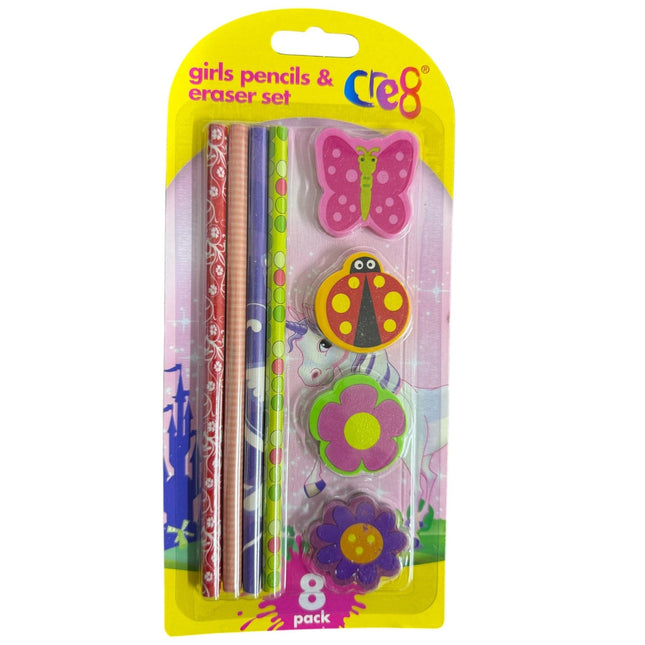 Pack of 8 Girls Pencils And Eraser Set