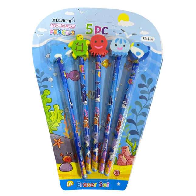 Play Catroon Printed Pencils With Erasers For Kids Set of 5 Multicolor